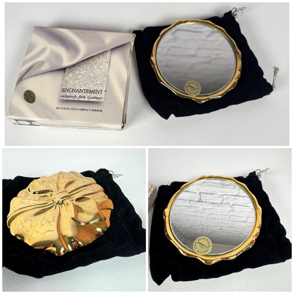 VTG Godinger 1988 Enchantment Silver Plated Gold Compact Mirror Bow NOS New 287